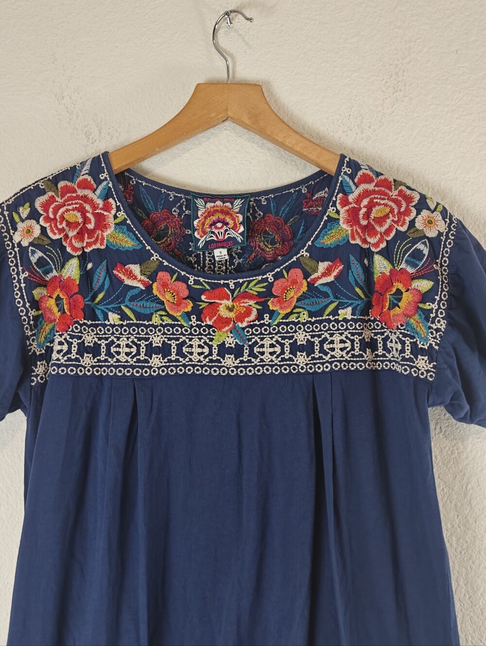Johnny Was Navy Floral Embroidered Cotton Mini Dress S Boho Pockets - Picture 4 of 11